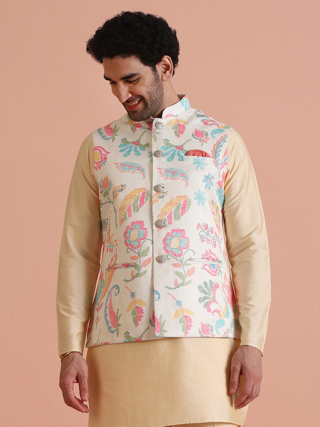 KISAH Men Printed Zari Regular Fit Nehru Jacket