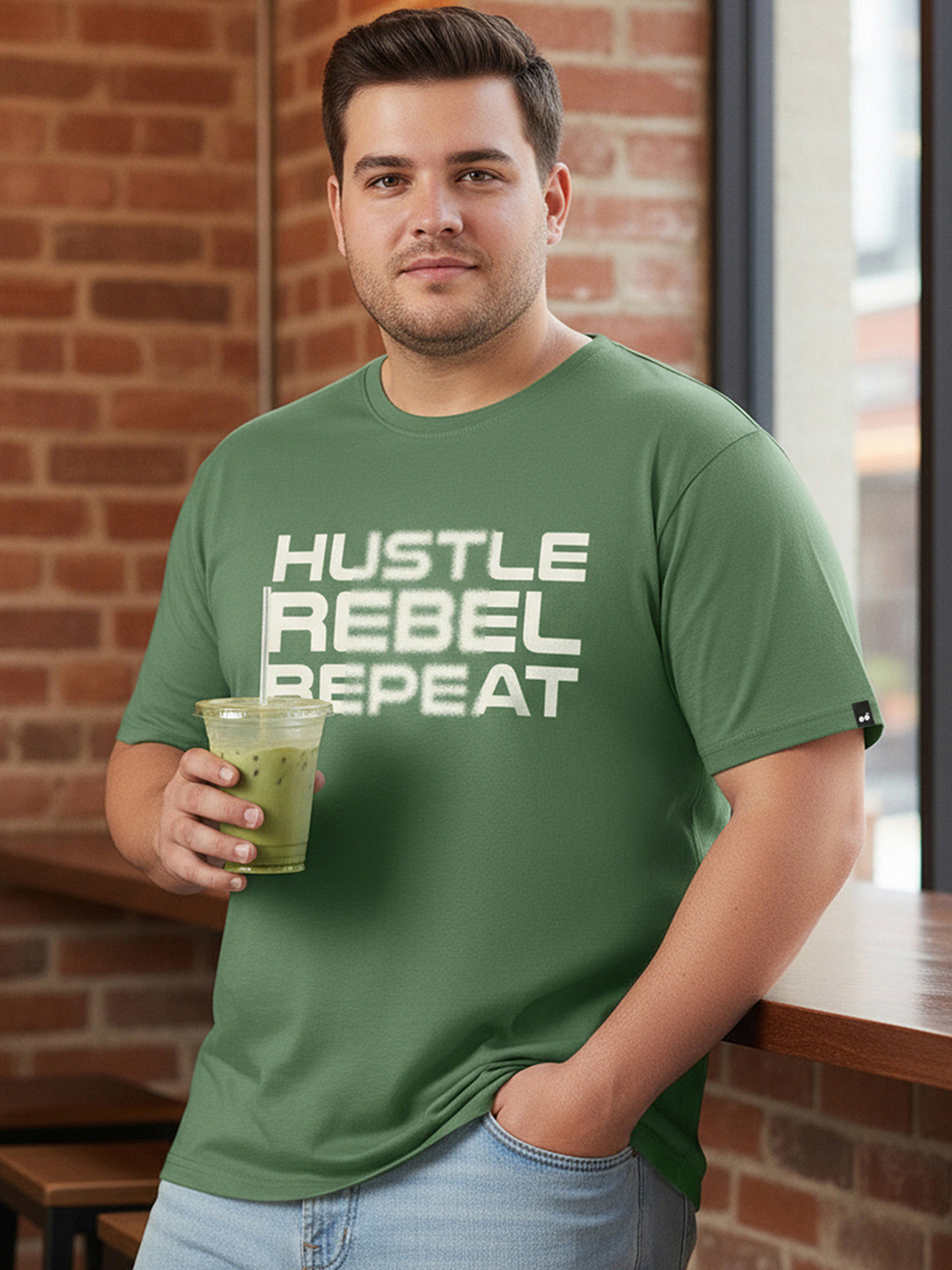 Bewakoof Plus Size Hustle Rebel Repeat Typography Printed Cotton Terry T-Shirt