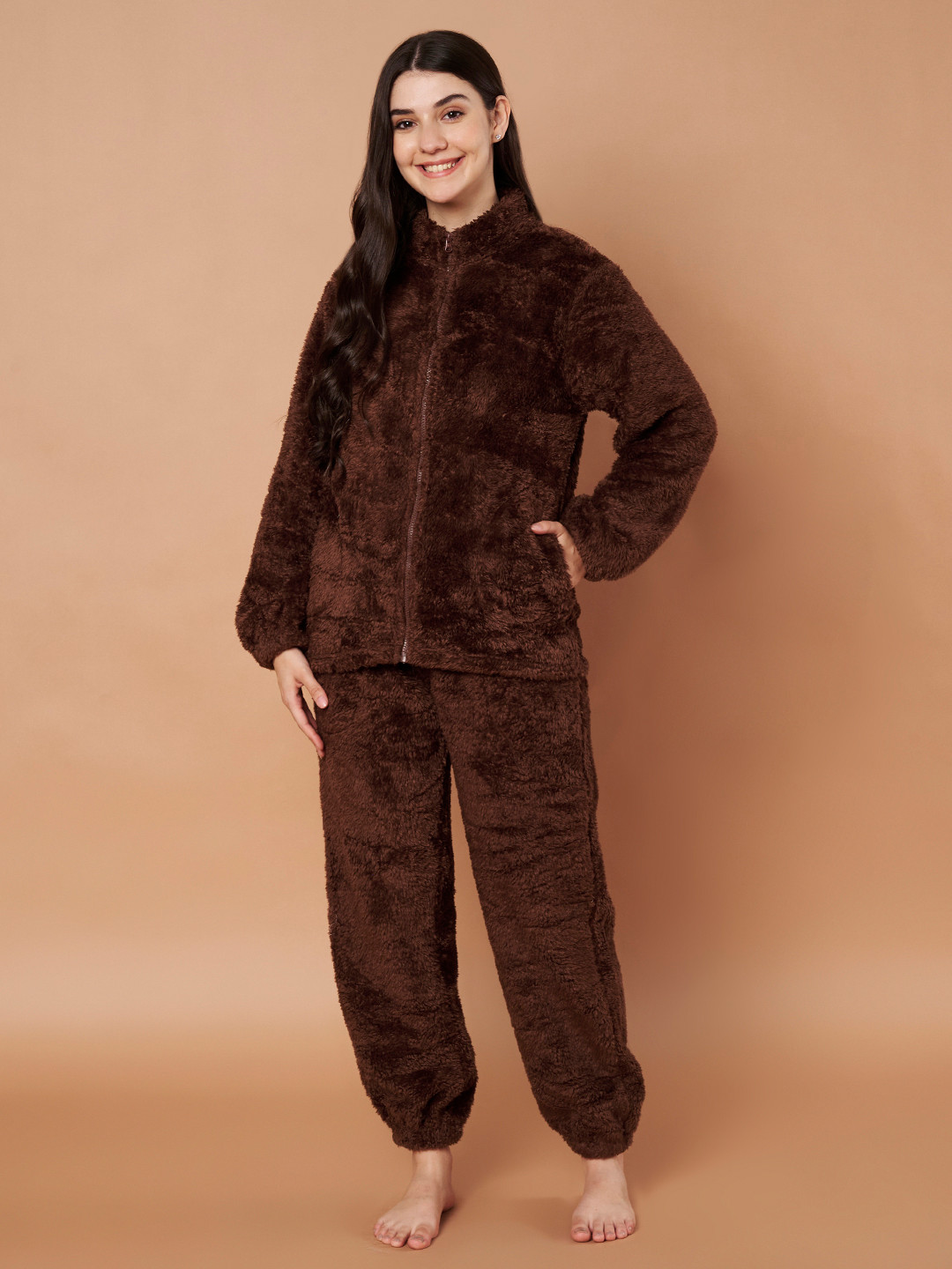 Secret Wish Women Faux Fur Mock Collar  Night suit