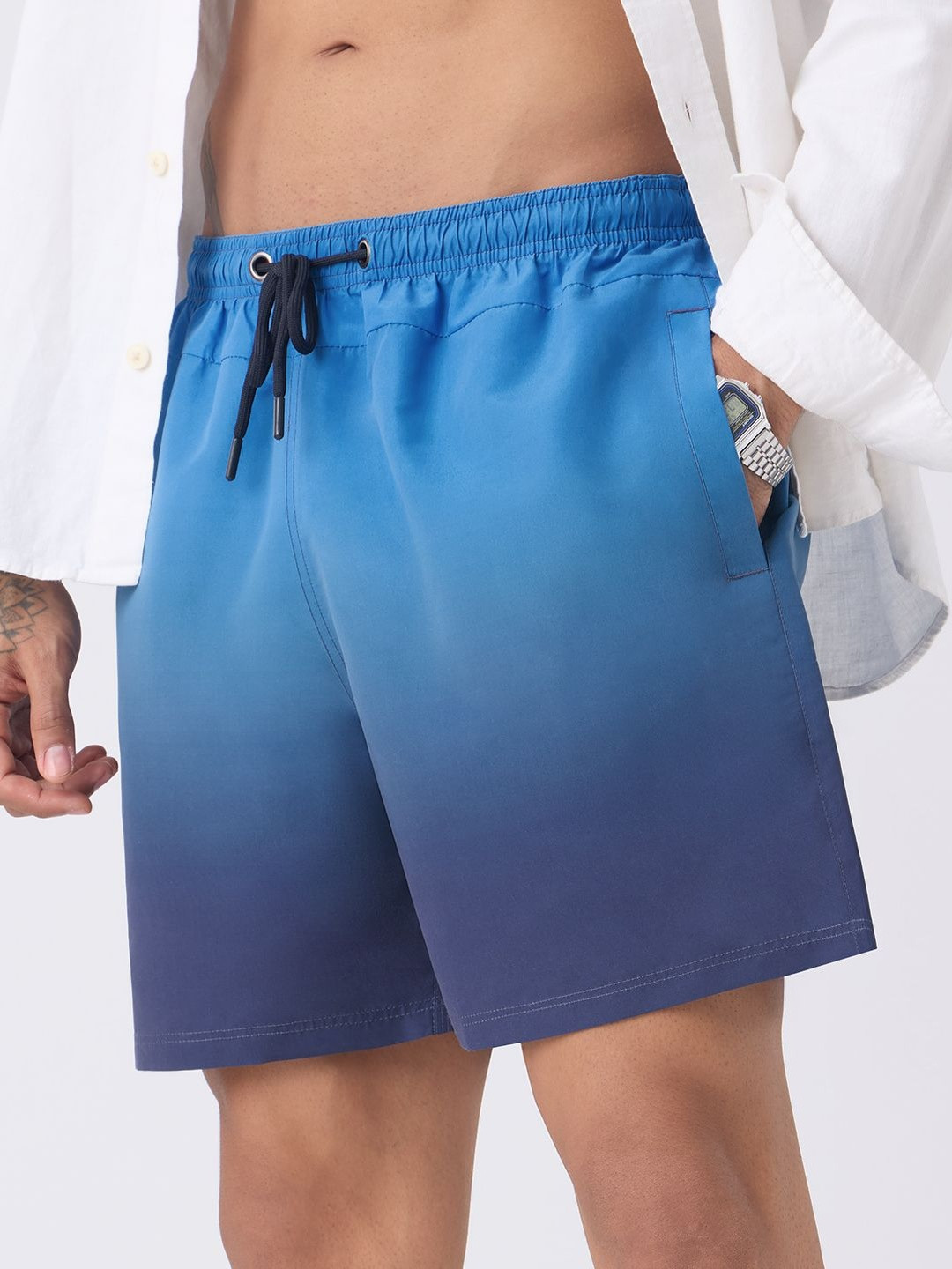 The Souled Store Men Regular Fit Ombre Blue Swimwear Shorts
