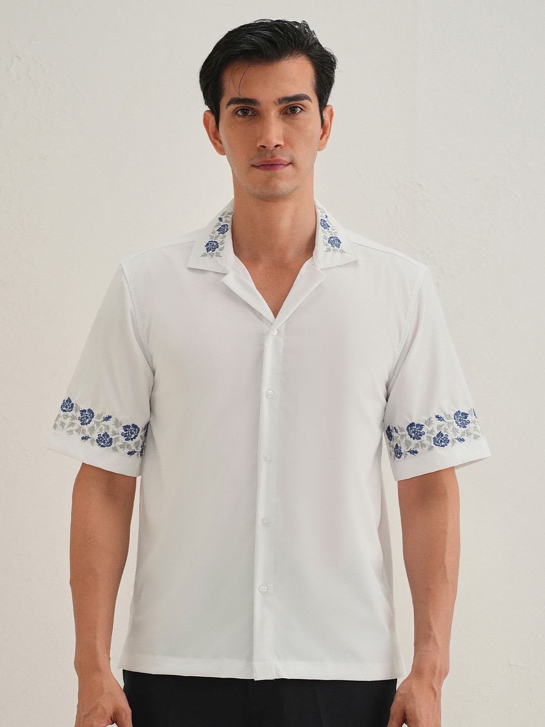 Banana Club Men Classic Slim Fit Floral Embroidery Casual Shirt