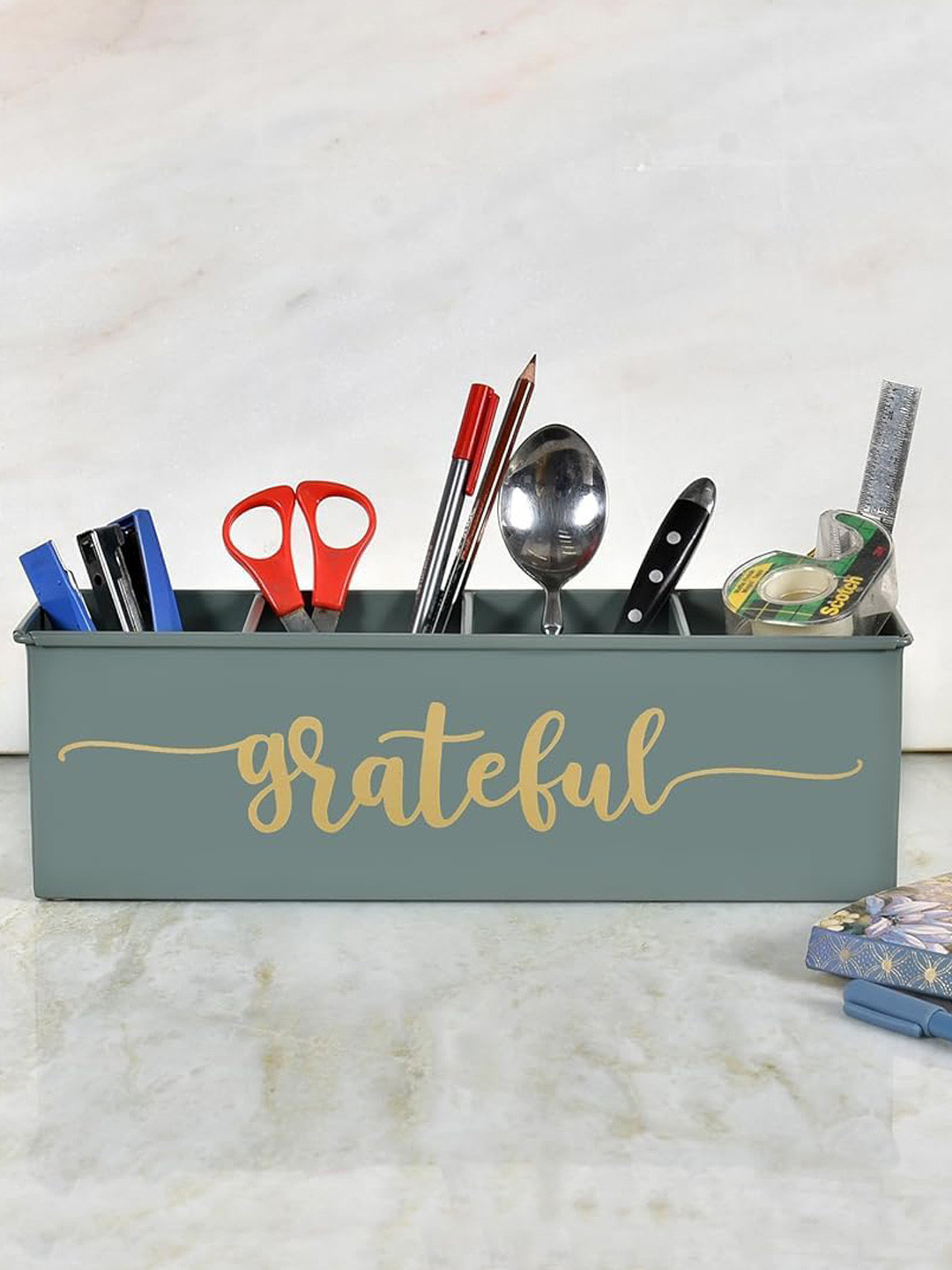 Living With Elan Green Typography Printed 4 Compartments Reusable Desk Organizer