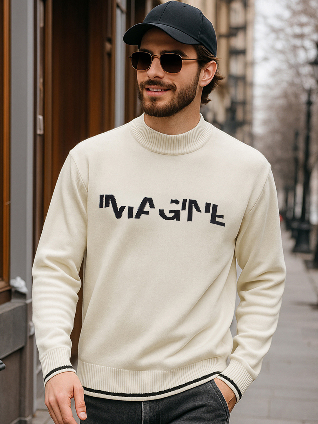 Bewakoof White & Black Typography Printed Oversized Pullover Acrylic Sweaters