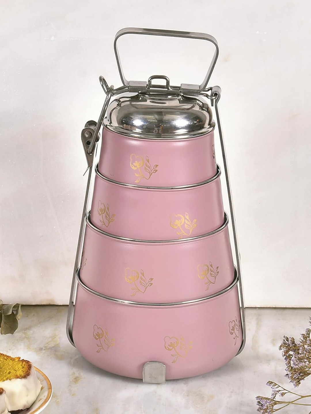 Living With Elan 4 Tier Stainless Steel Easy to Clean Lunch Box With Spoon and Fork