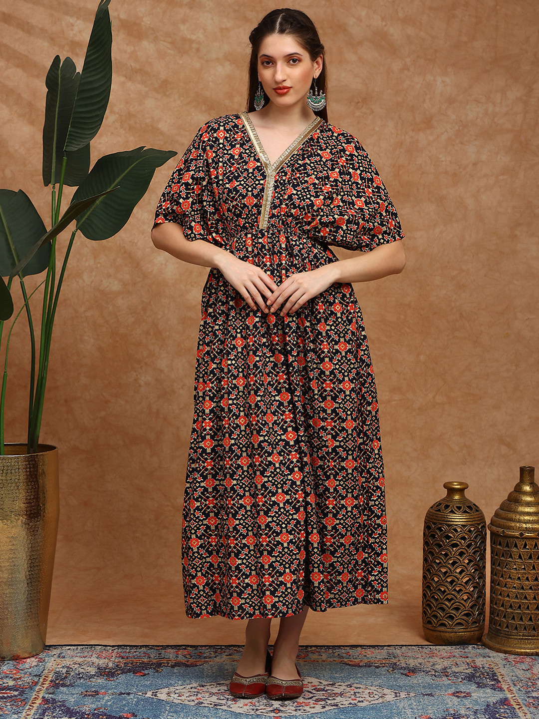 Globus Ethnic Motifs Printed V-Neck Kimono Sleeves Gathered Fit & Flare Festive Dress