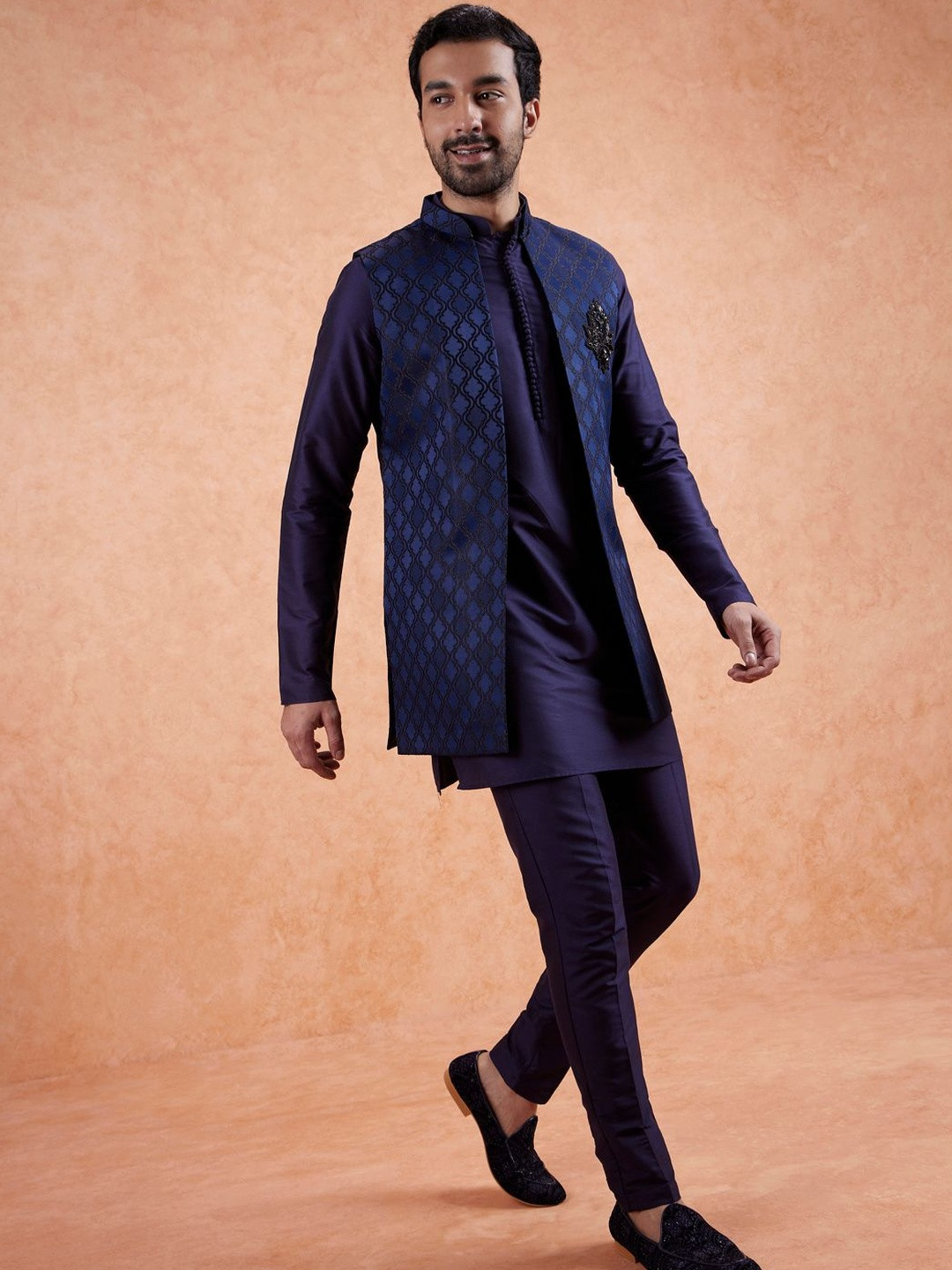 KISAH Men Navy Blue Woven Design Mid Kurta Front Open Jacket Trouser Set
