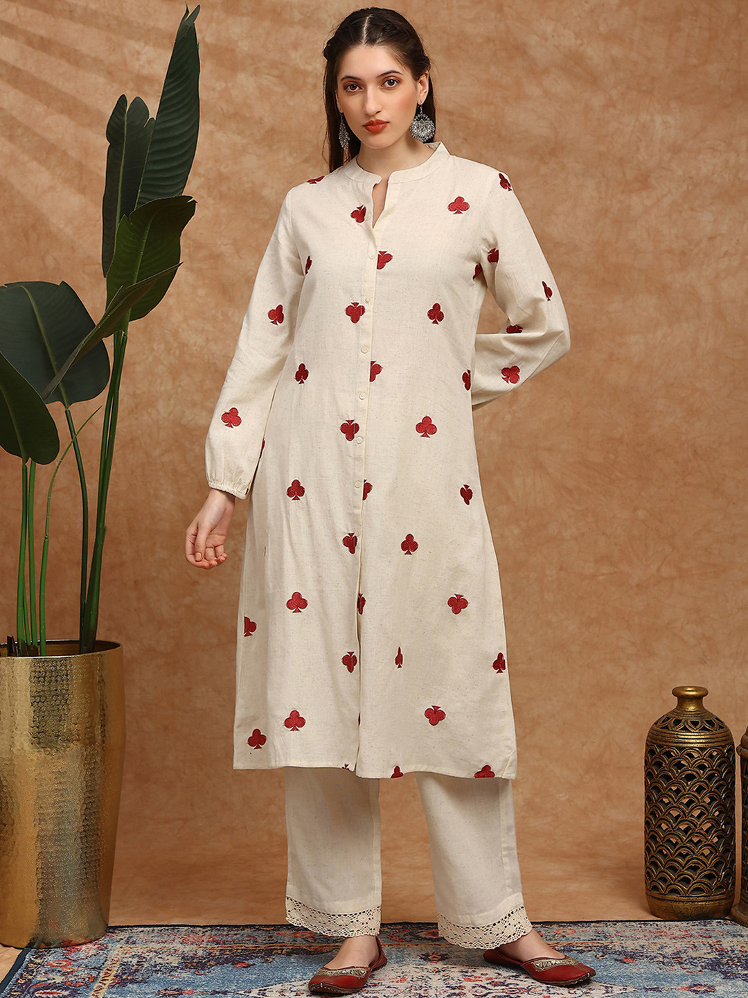 Globus Geometric Embroidered Mandarin Collar Thread Work A-Line Kurta With Trousers