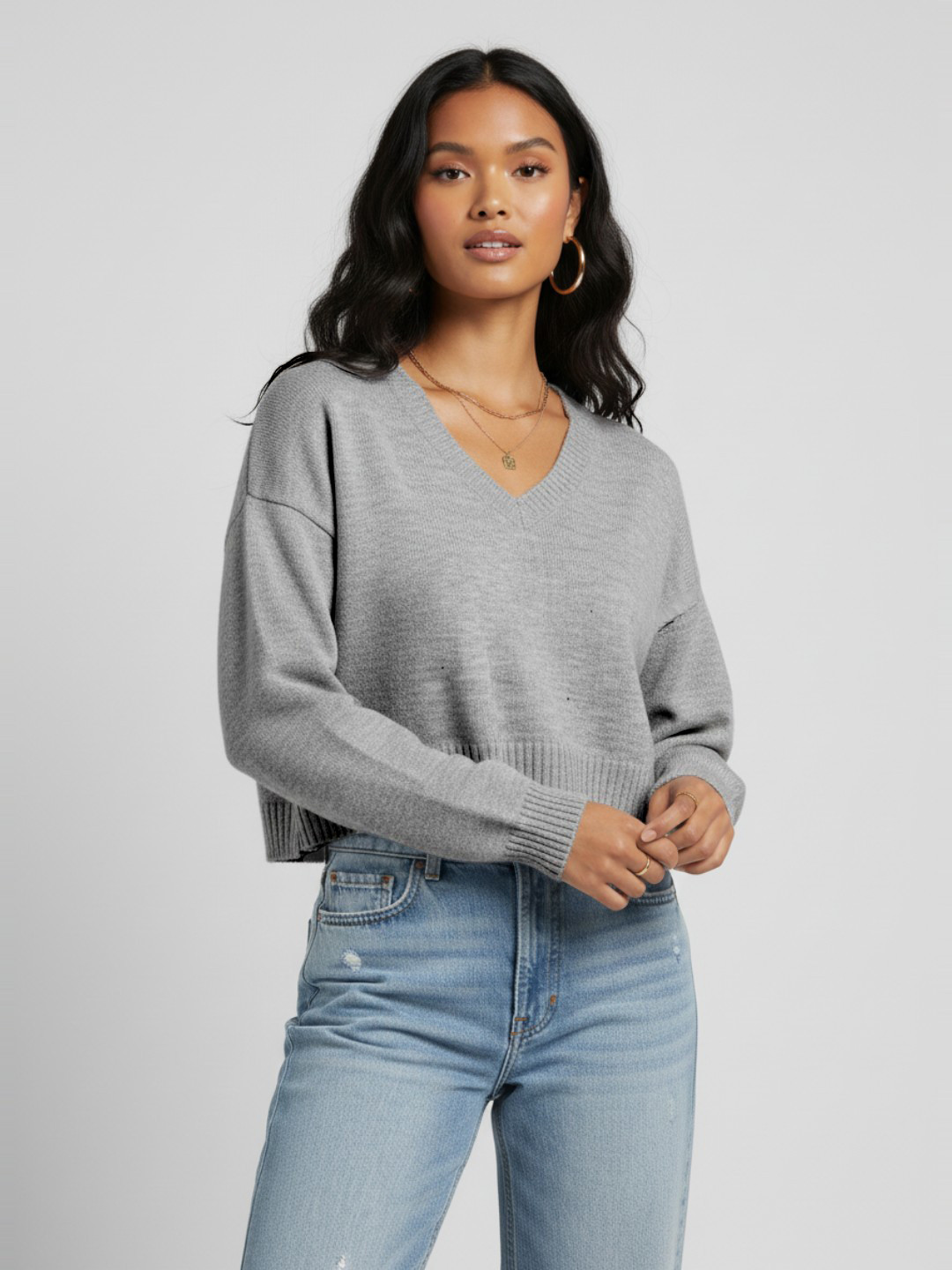 glitchez V-Neck Oversized Cropped Acrylic Pullover