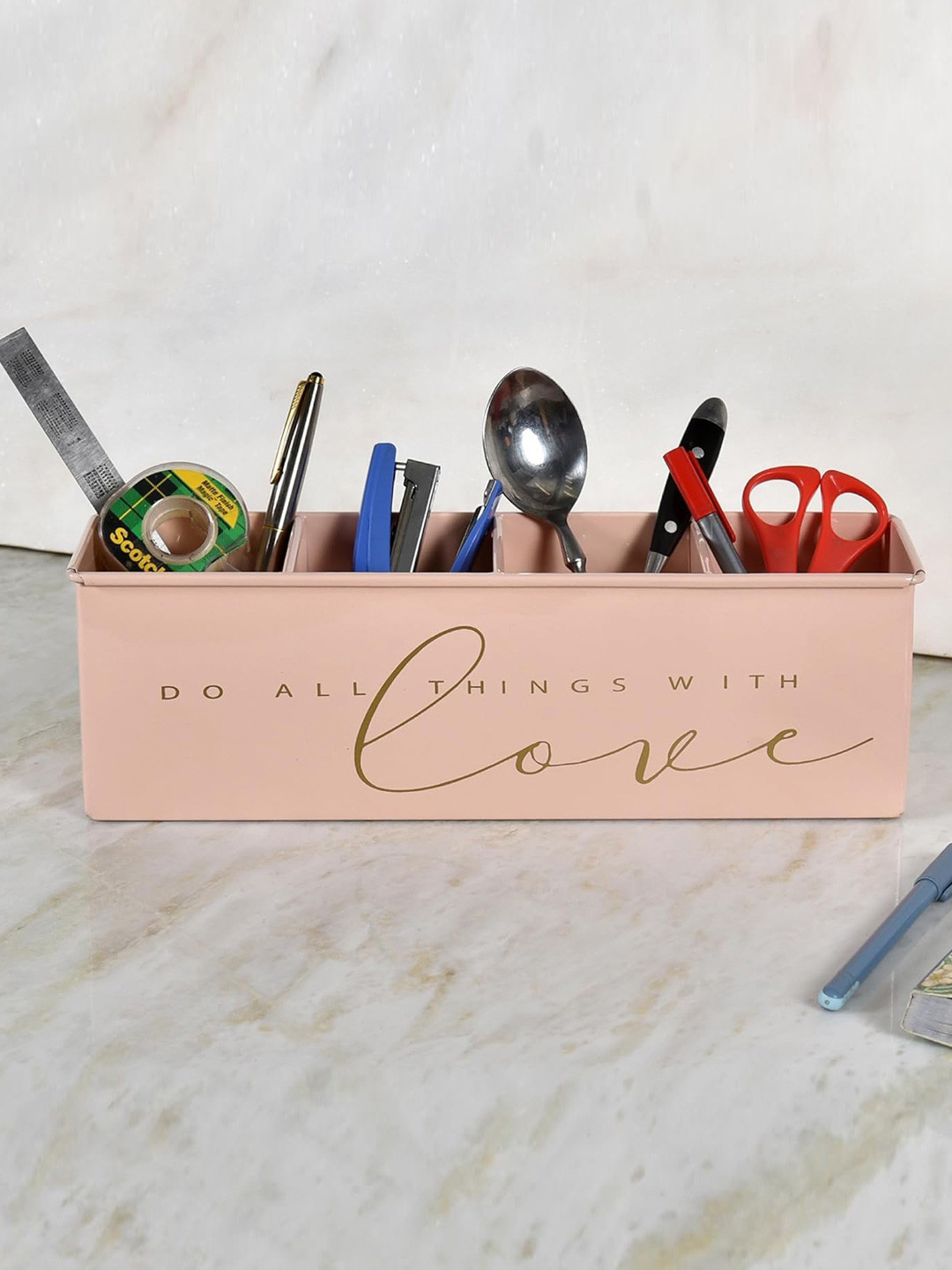 Living With Elan Pink Typography Printed 4 Compartments Reusable Desk Organizer