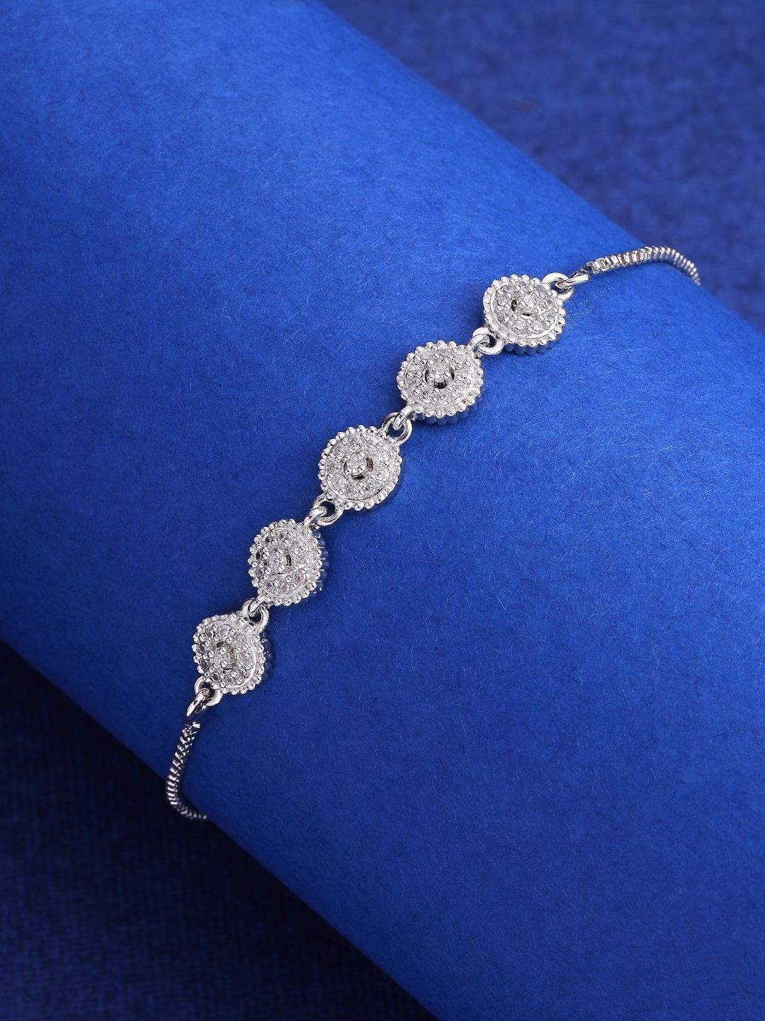 ZENEME Women Rhodium Plated Cubic Zirconia Studded Wraparound Adjustable Bracelet