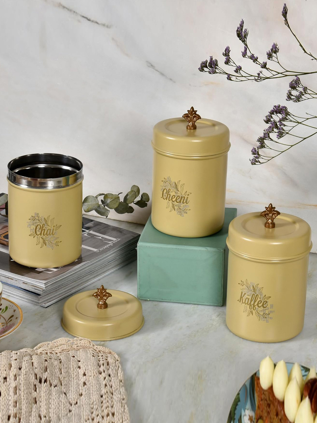 Living with Elan Gingham & Blooms Yellow Typography Stainless Steel Air Tight 3 Piece Clip-On Canister