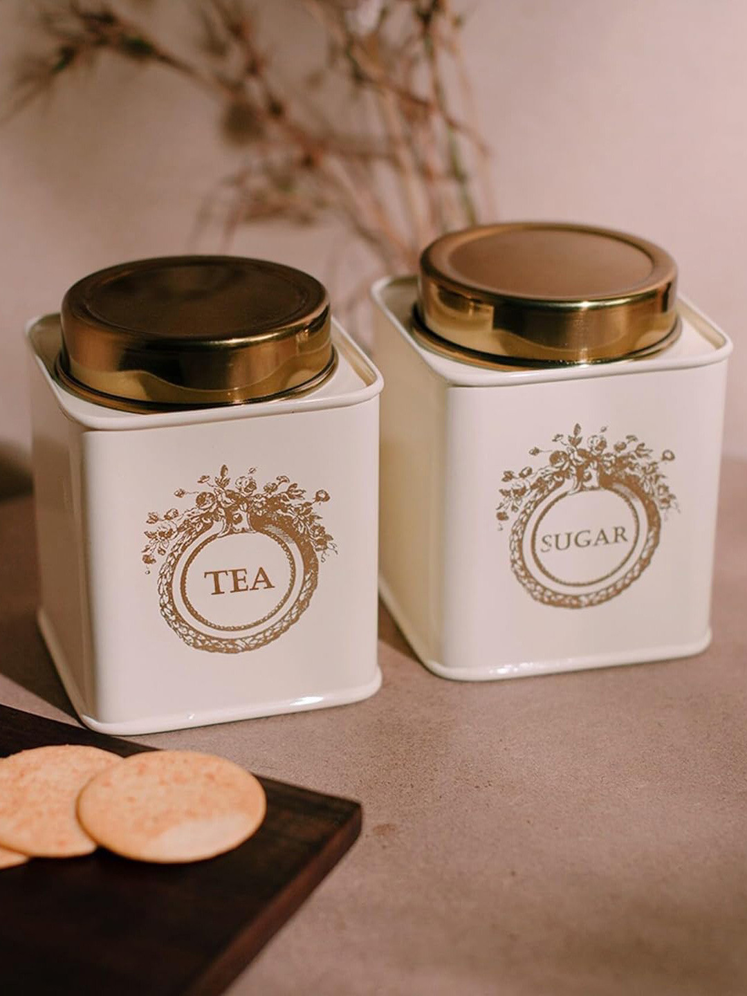 Living with Elan Dreamer off White Typography Stainless Steel Easy To Clean 2 Piece Flip Top Canister-500ml