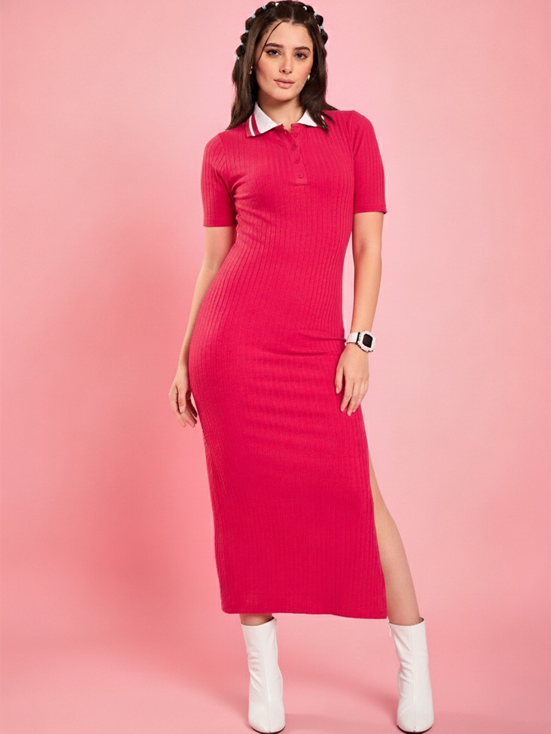 WineRed Women Shirt Collar Slits Bodycon Midi Dress