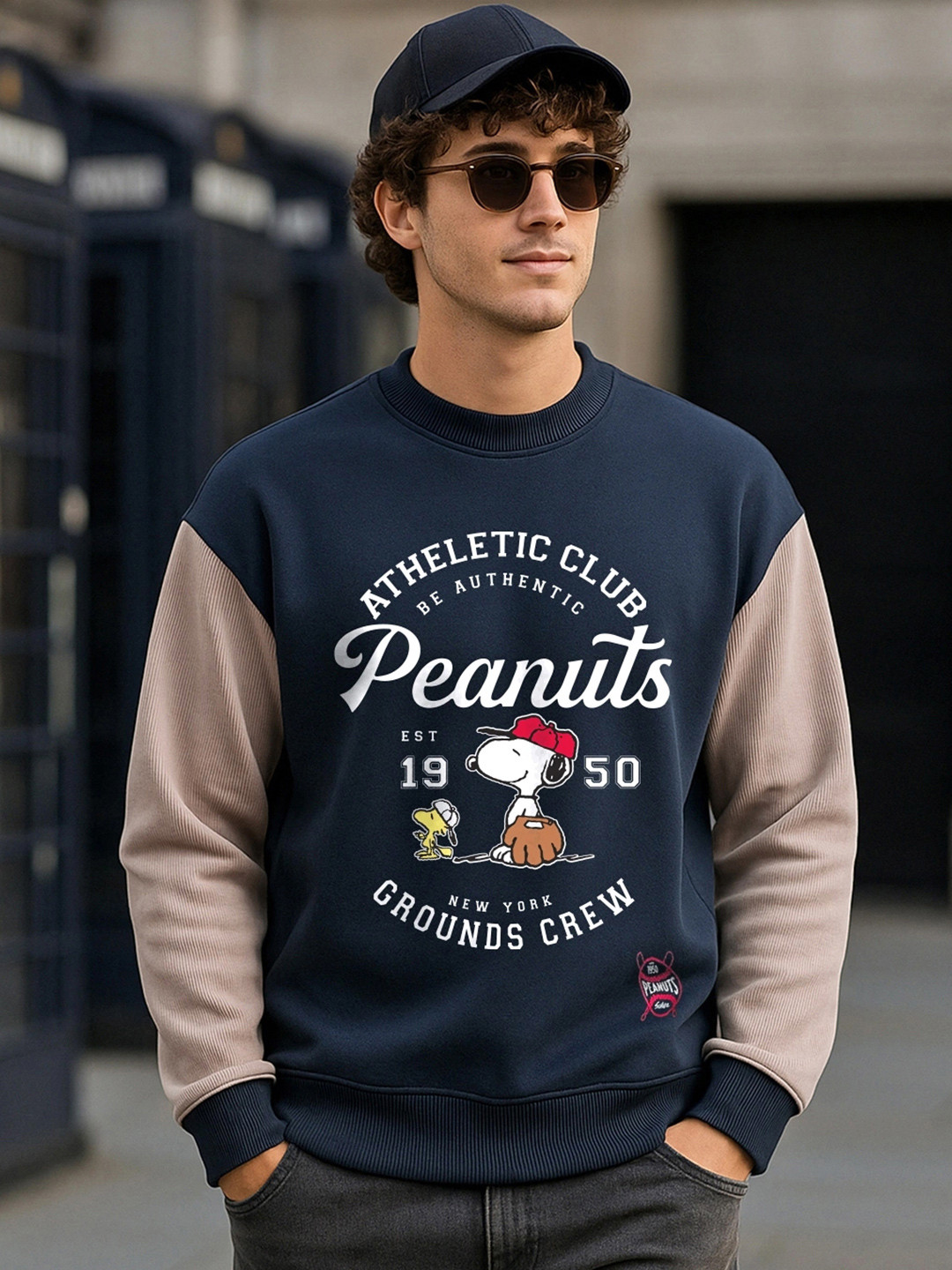 Bewakoof Heavy Duty Official Peanuts Merchandise Men's Blue & Brown Color Block Oversized Sweatshirt