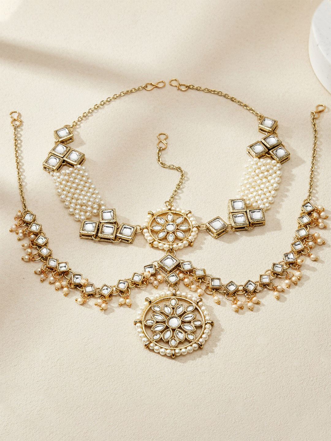 KARATCART Gold-Plated Kundan-Studded & Beaded Layered Matha Patti