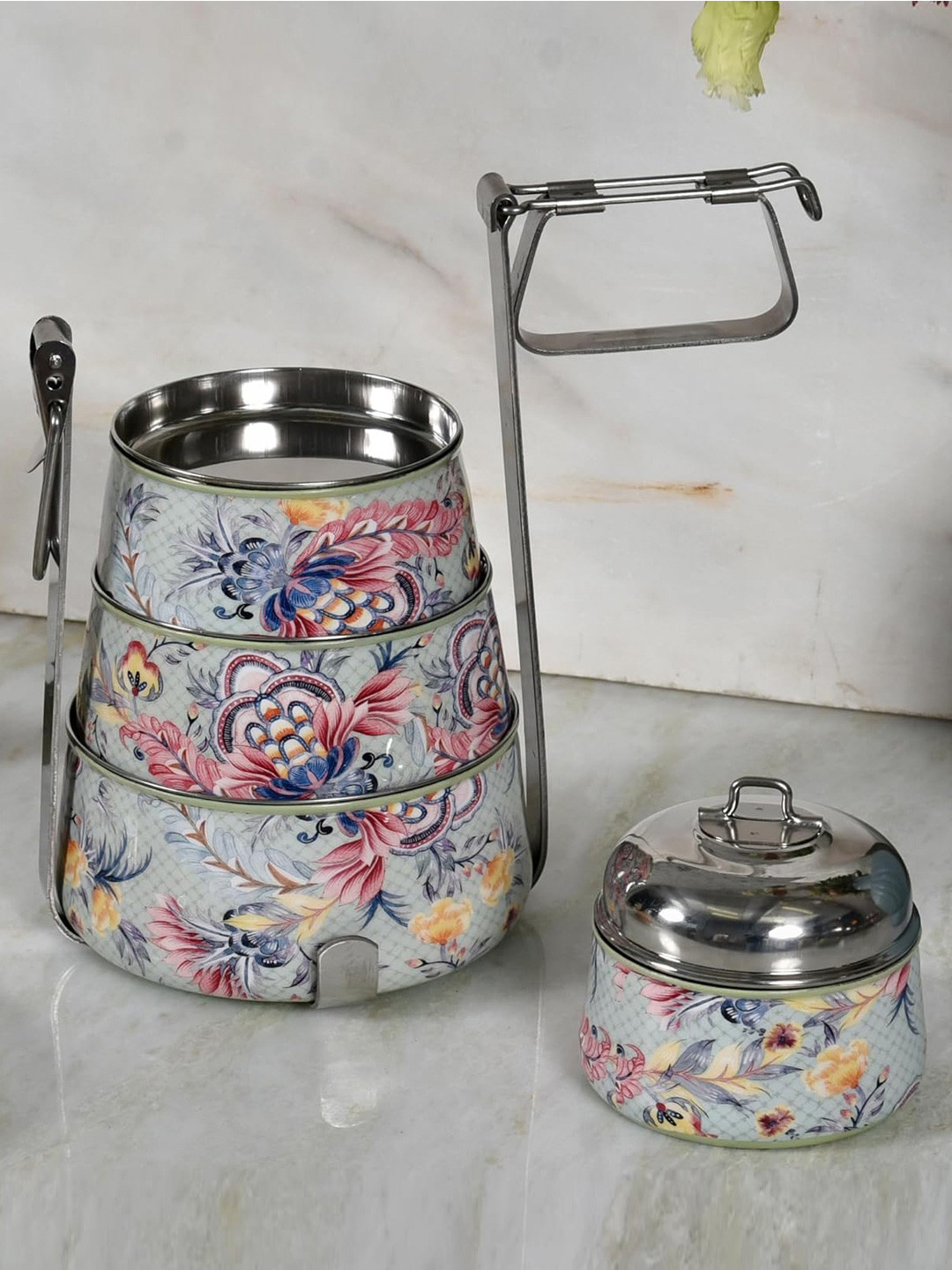 Living With Elan Gingham & Blooms 4 Tier Stainless Steel Lunch Box With Spoon & Fork