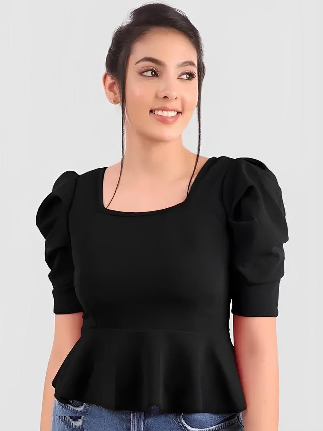 SHYAM SUNDARI Puff Sleeve Peplum Top