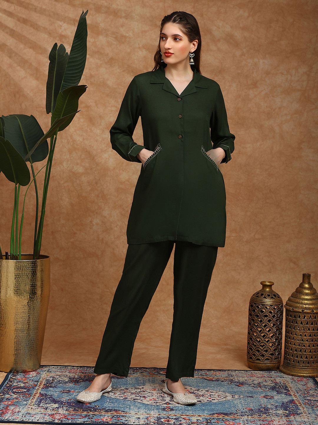 Globus Embroidered Cuban Collar Cuffed Sleeves Shirt Style Tunic & Trouser