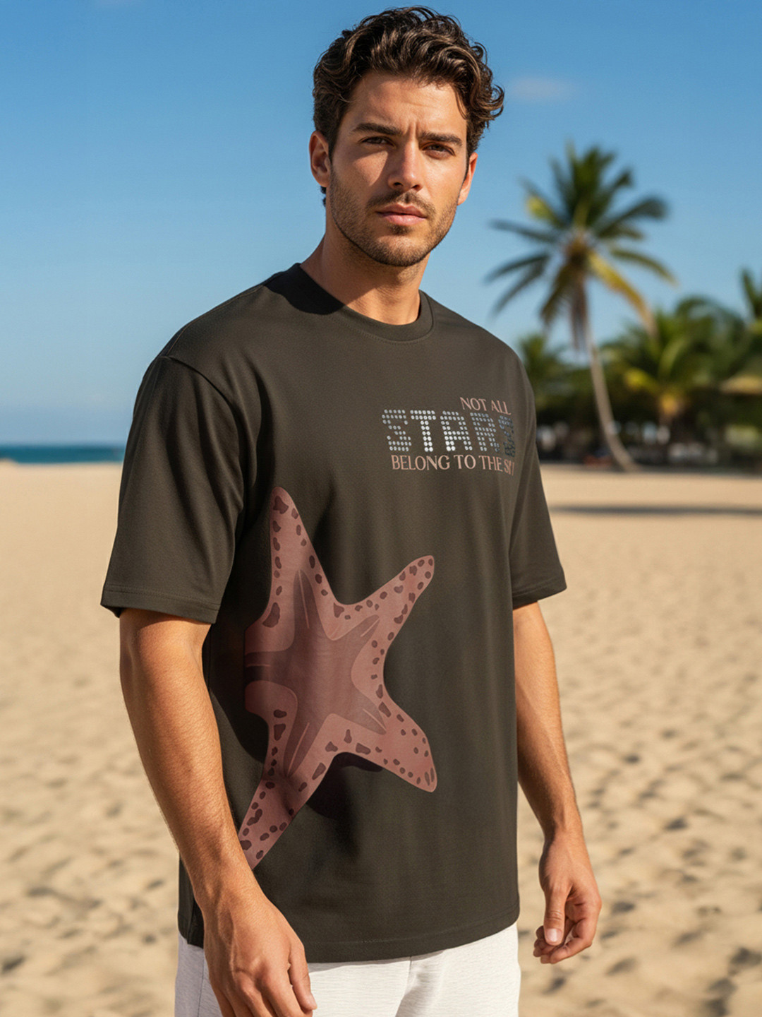 Bewakoof Oversized Fish Graphic Printed Drop-Shoulder Sleeves Pure Cotton T-Shirt