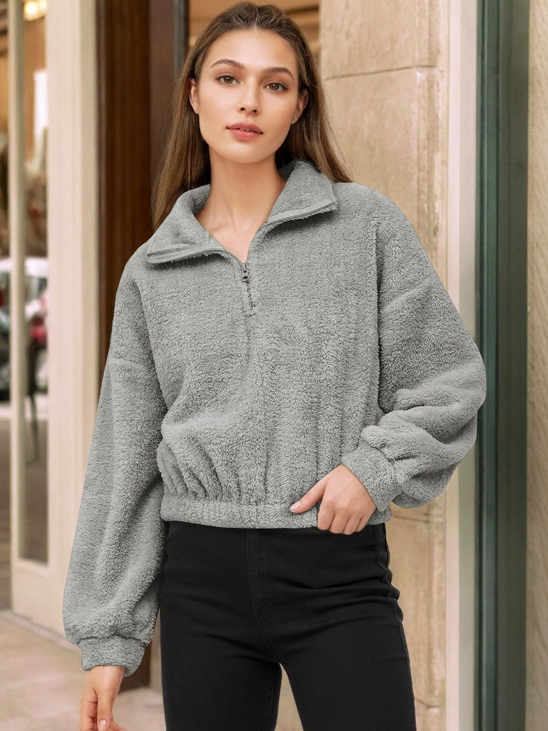 Stylecast X Slyck Women Solid High Neck Half-Zip Fur Sweatshirt