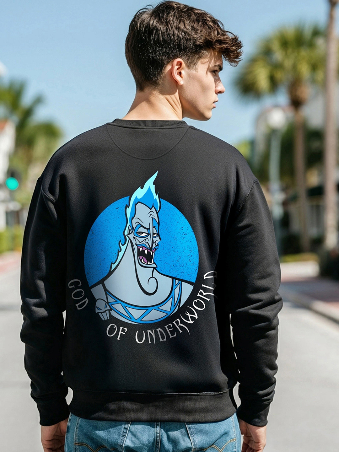 Bewakoof Black God of Underworld Printed Long Sleeves Oversized Pullover Sweatshirt