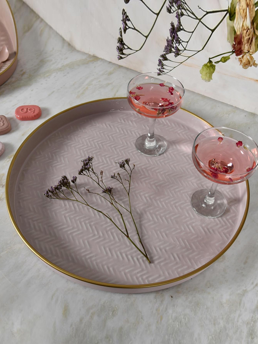 Living With Elan Soiree Pink & Gold Toned Textured Alloy Steel Serving Tray