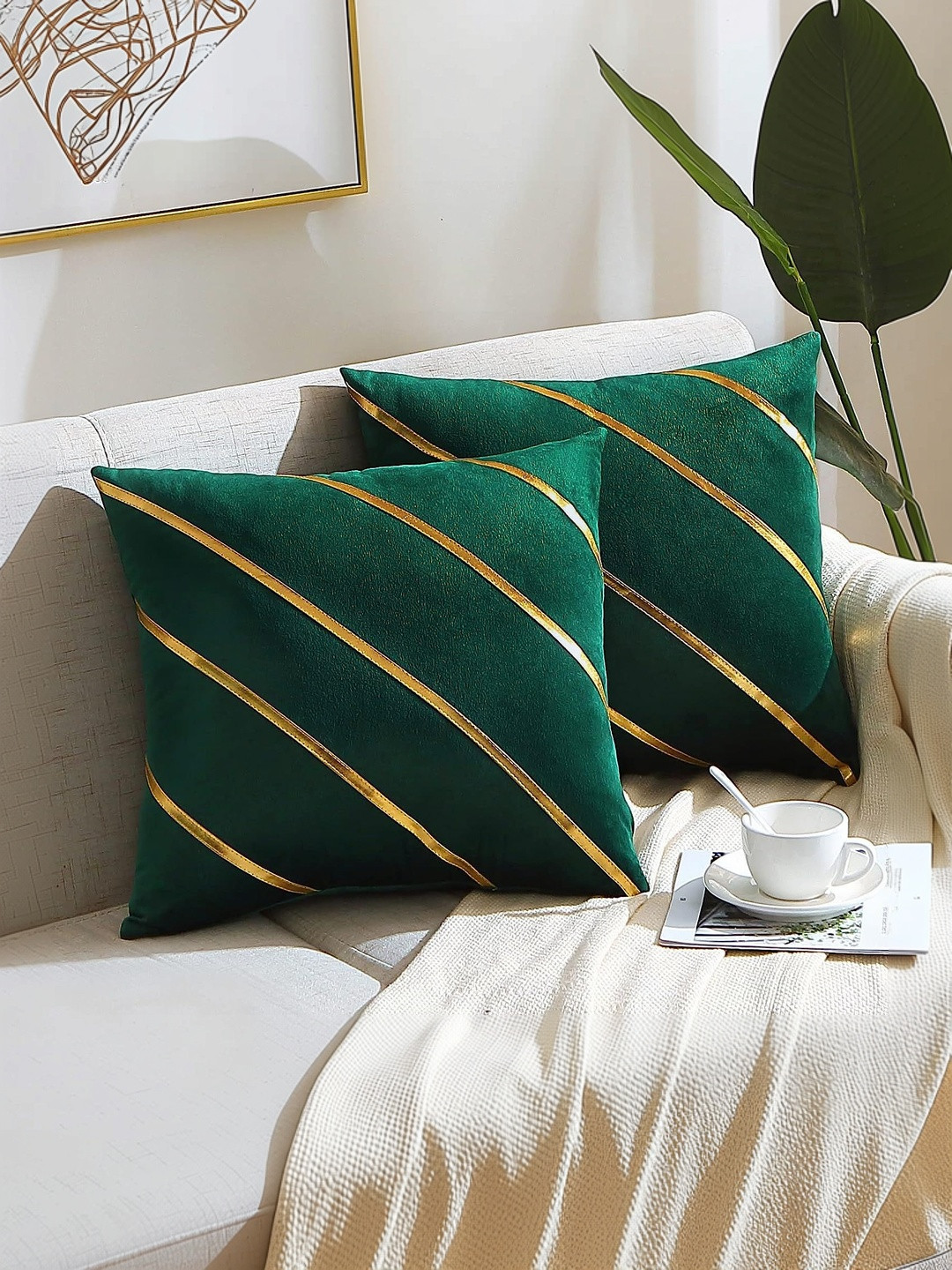 Vinayaka Fab Set Of 2 Green Velvet Square Cushion Covers