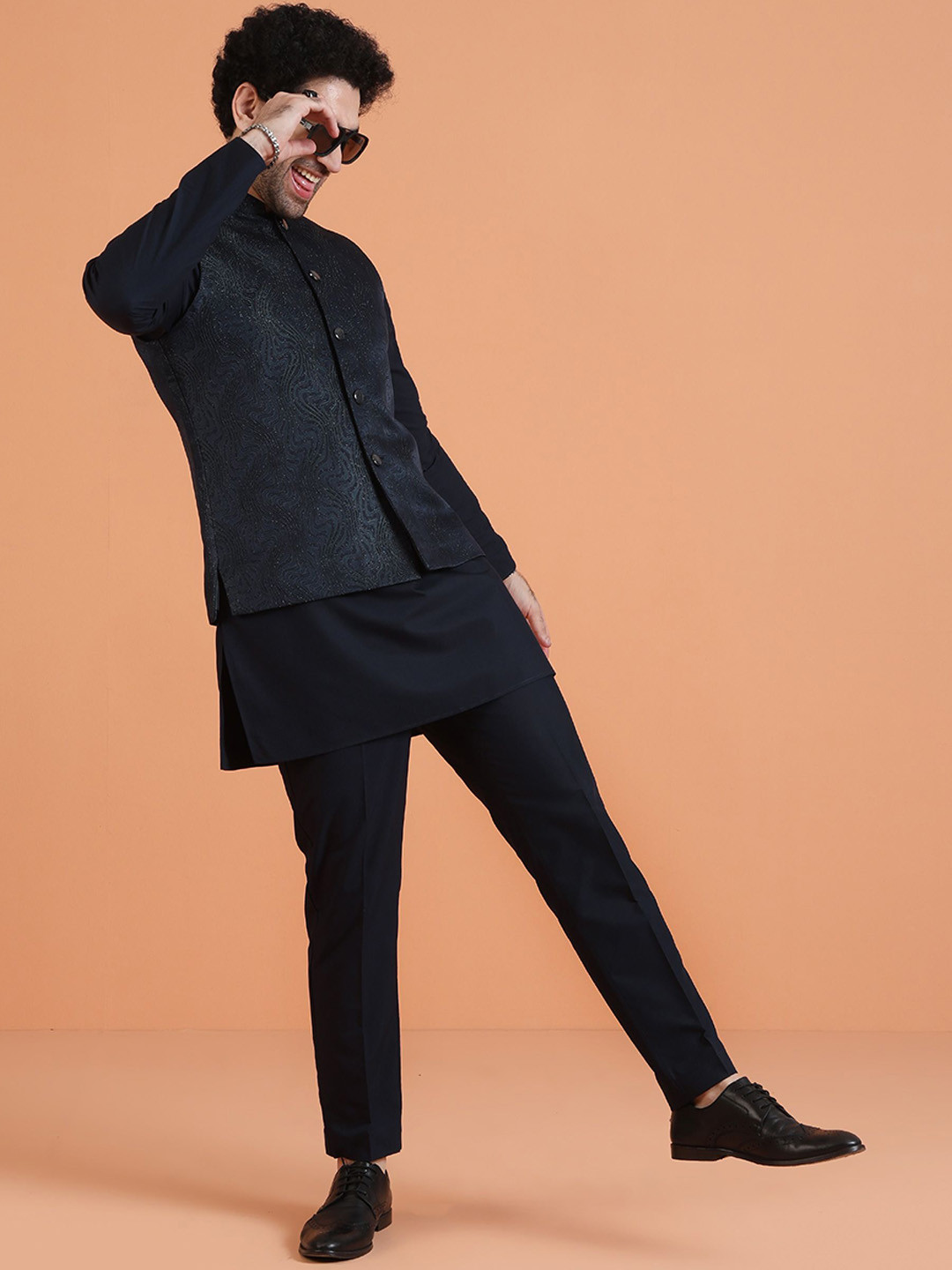 KISAH Men Black Nehru Jacket Subtle Metallic Textured Pattern Elegant Ethnic Layer