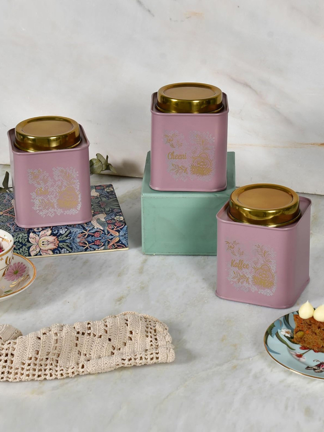 Living with Elan Gingham & Blooms Mauve Floral Stainless Steel Air Tight 3 Piece Screw Top Canister