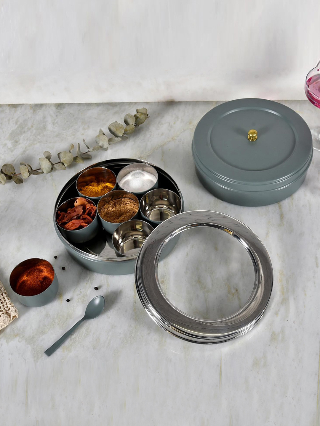 Living With Elan Green 2 Pieces Stainless Steel Spice Box Spoon With Roti Box