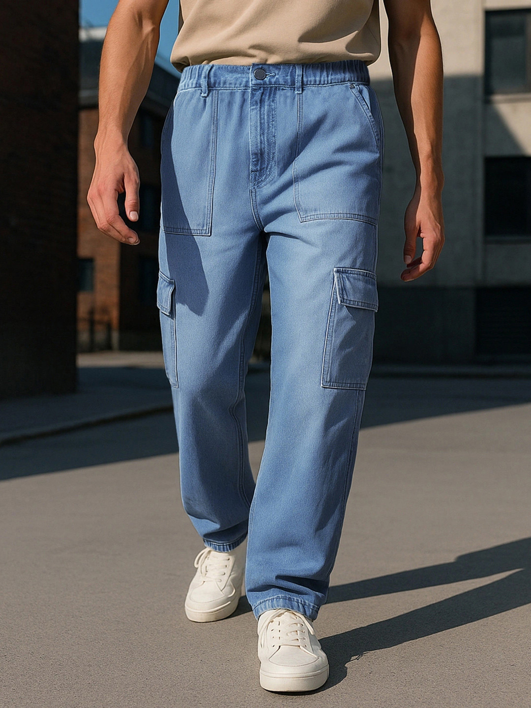 Bewakoof Men Blue Baggy Cargo Mid- Rise Jeans