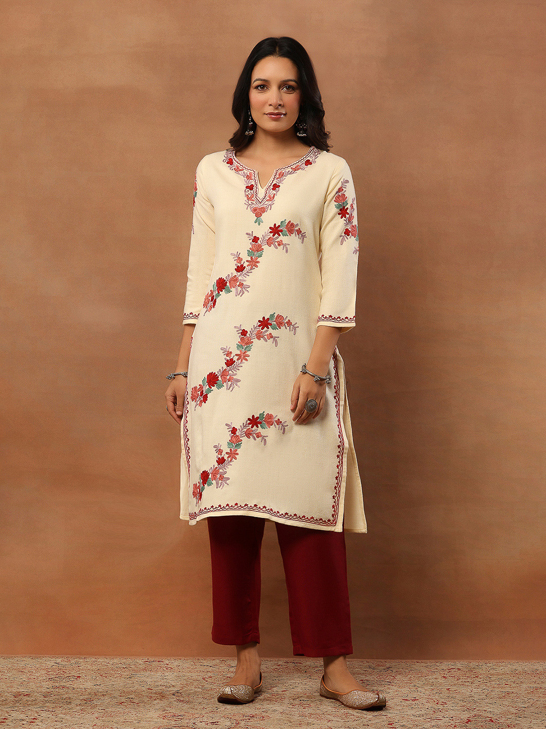 House of Chikankari Floral Embroidered Thread Work Woollen Straight Kurta