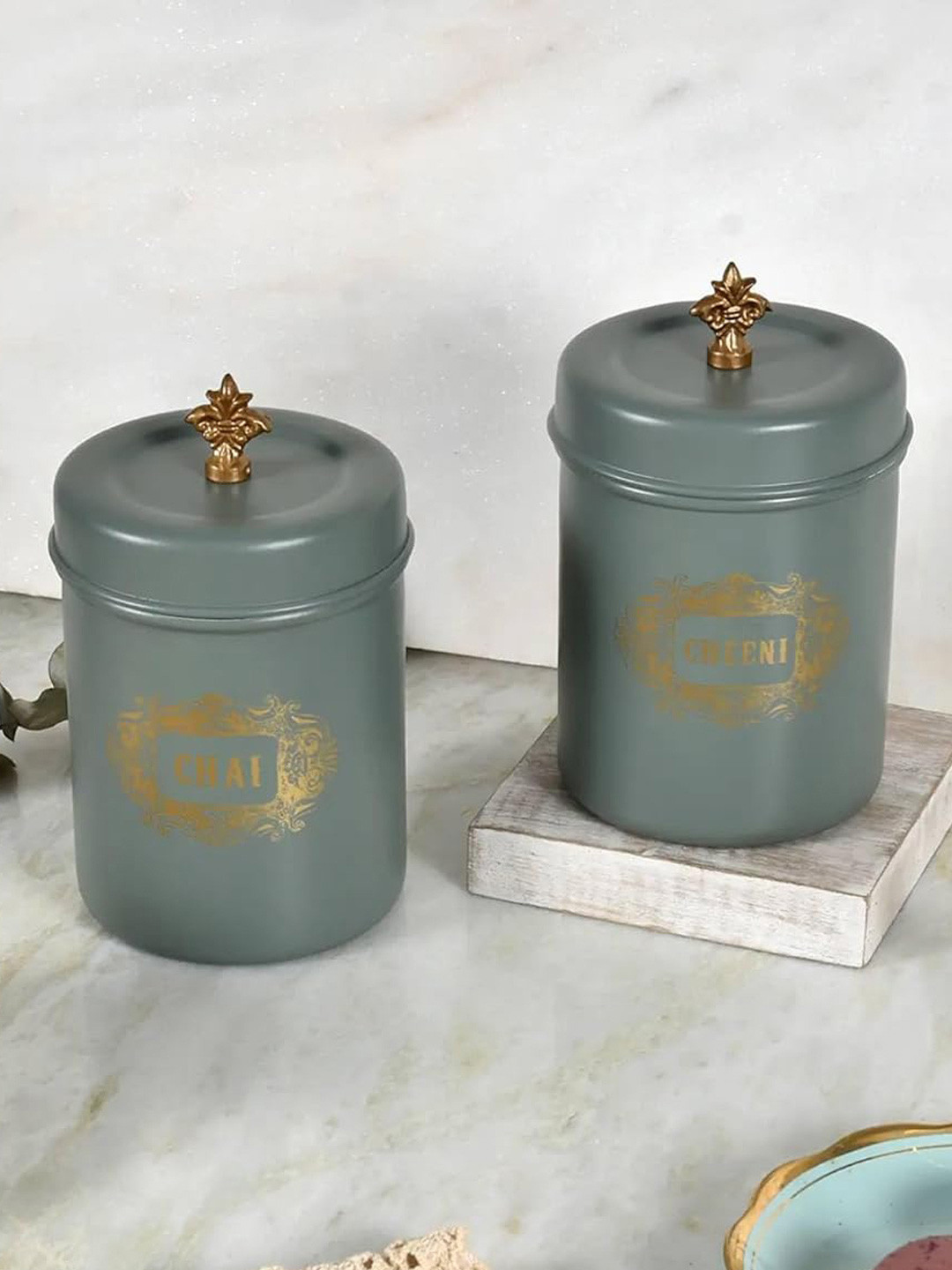 Living with Elan Green Typography Stainless Steel Easy To Clean 2 Piece Flip Top Canister-500ml