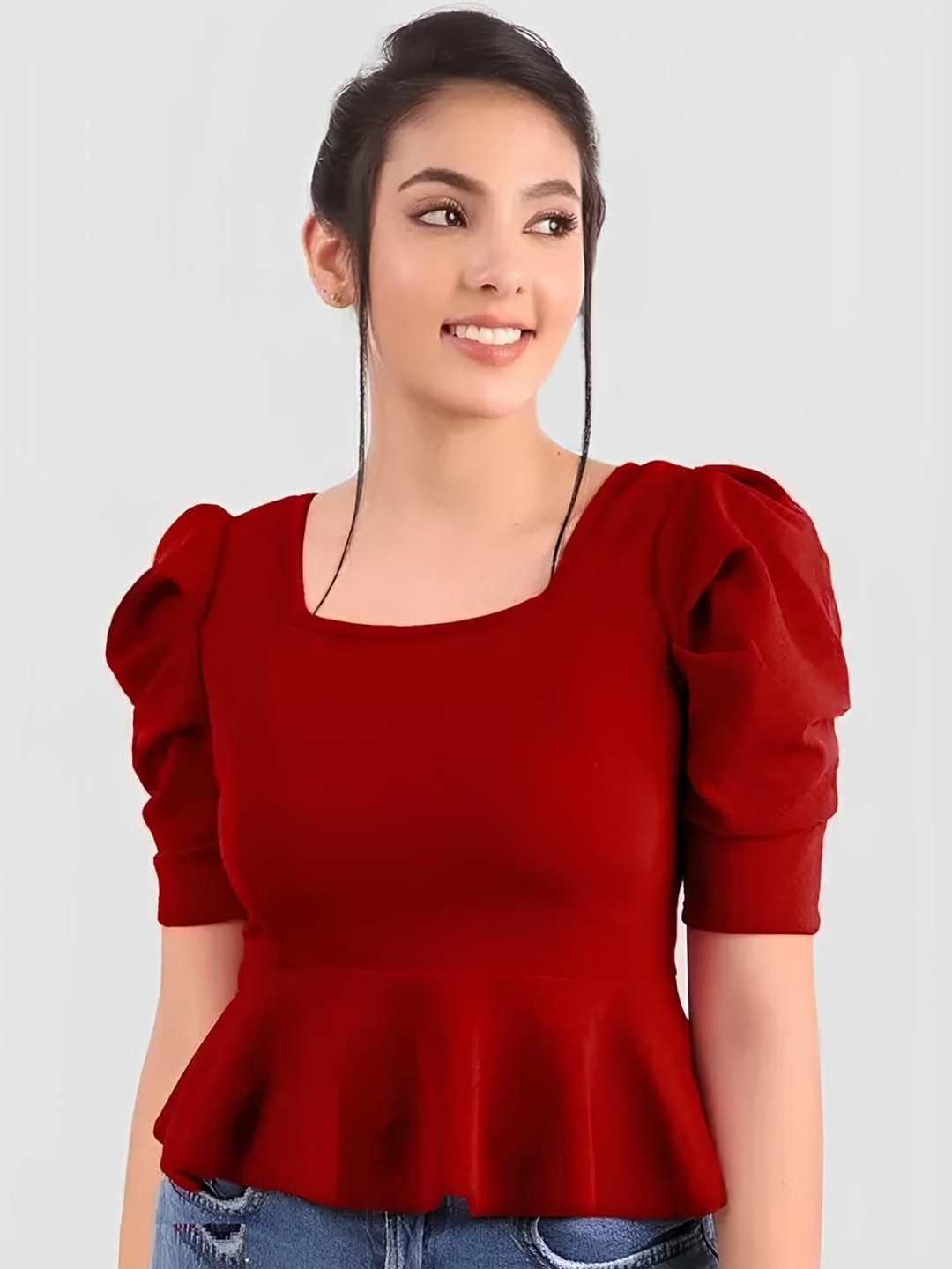 SHYAM SUNDARI Puff Sleeve Peplum Top