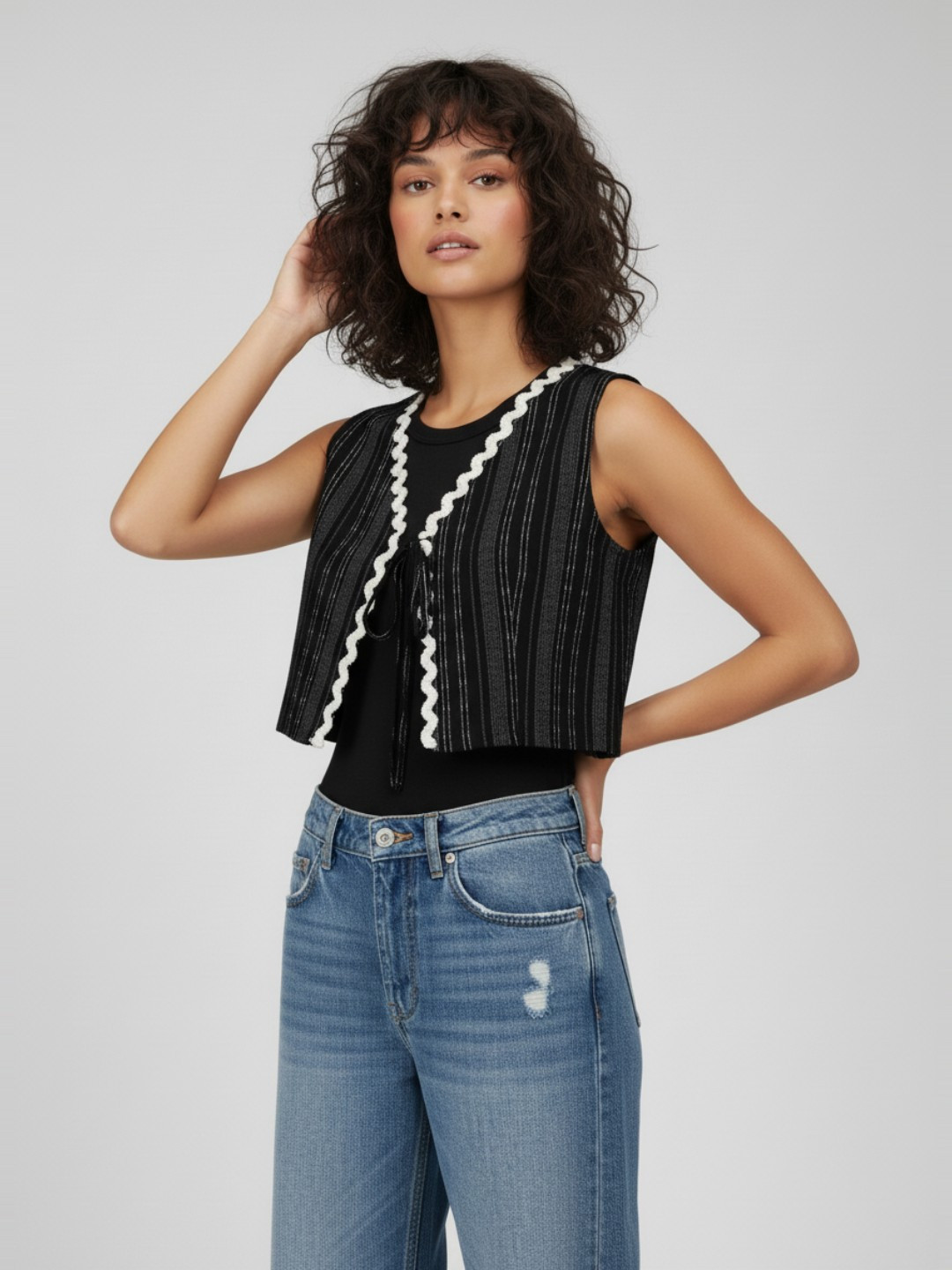 glitchez Vertically Striped Lace Insert Detail Pure Cotton Crop Top