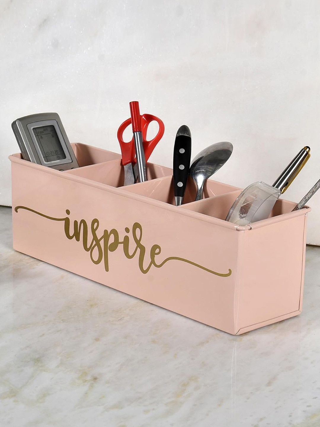 Living With Elan Pink Typography Printed 4 Compartments Reusable Desk Organizer
