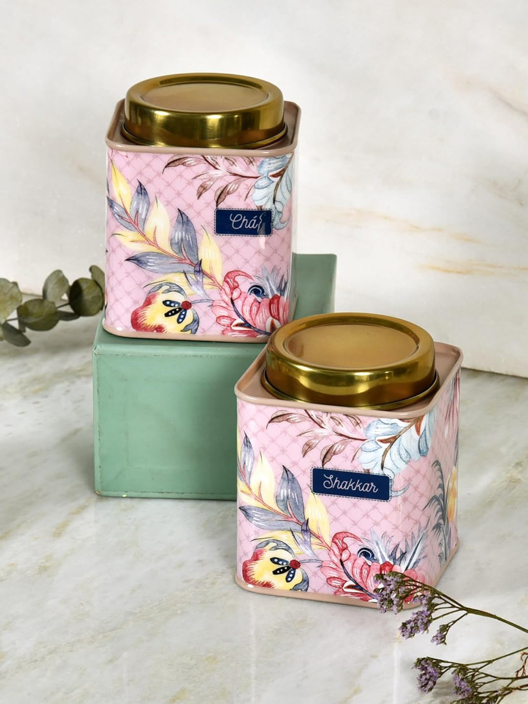 Living with Elan Pink Leaf Stainless Steel Air Tight 2 Piece Screw Top Canister