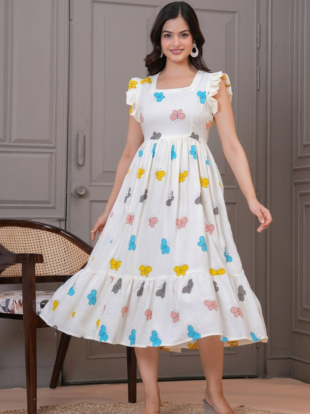 Milastru Print Flutter Sleeve Ruffled Chiffon Fit & Flare Midi Dress