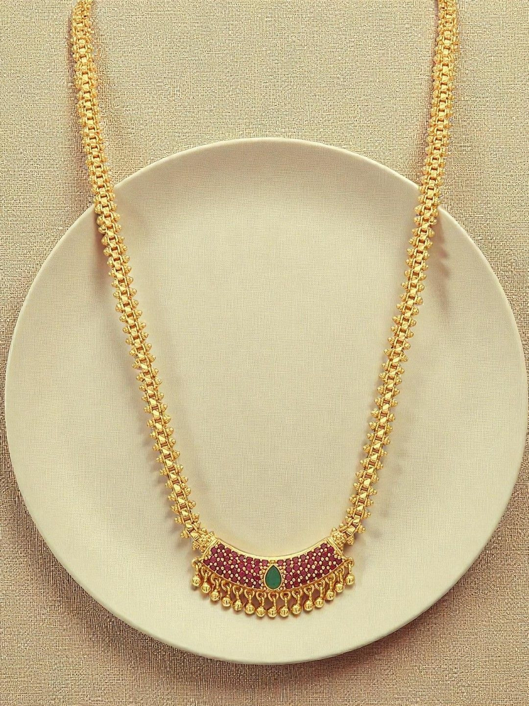 Sangria Gold-Plated American Diamond Studded Long Necklace with Droplet Charm