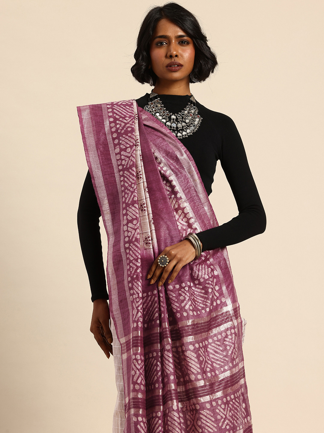 Taavi Batik and Embroidered Silk Blend Saree