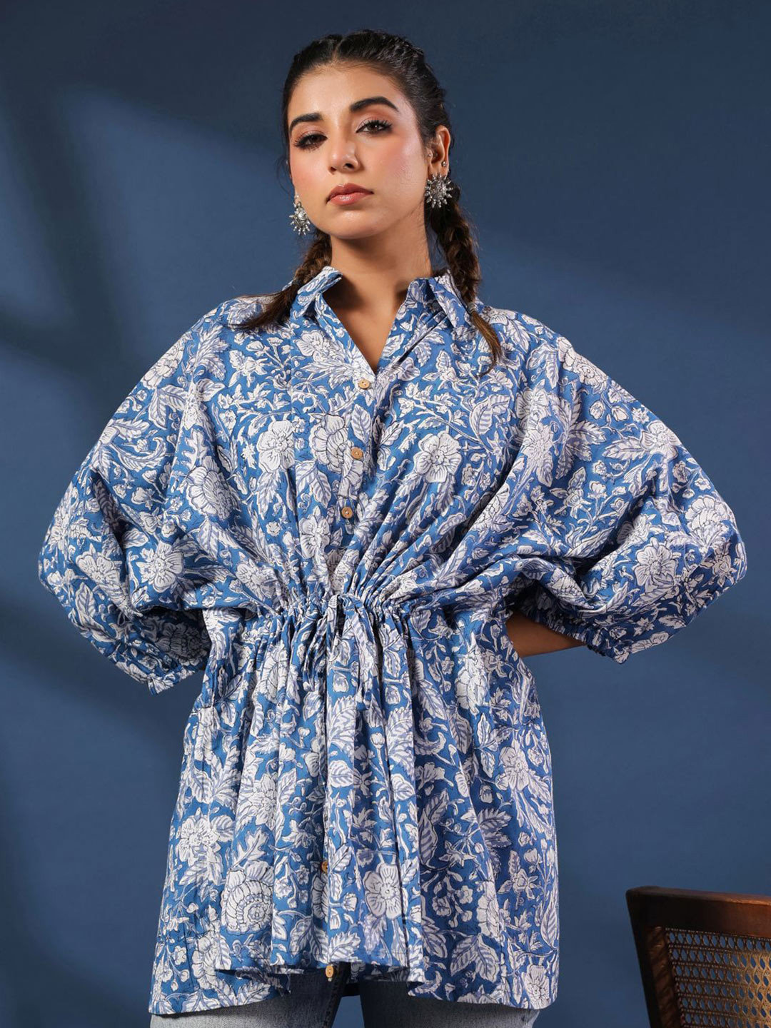 Taavi Women Hand Block Print Pure Cotton Kaftan Shirt Tunic With Drawstring Waist