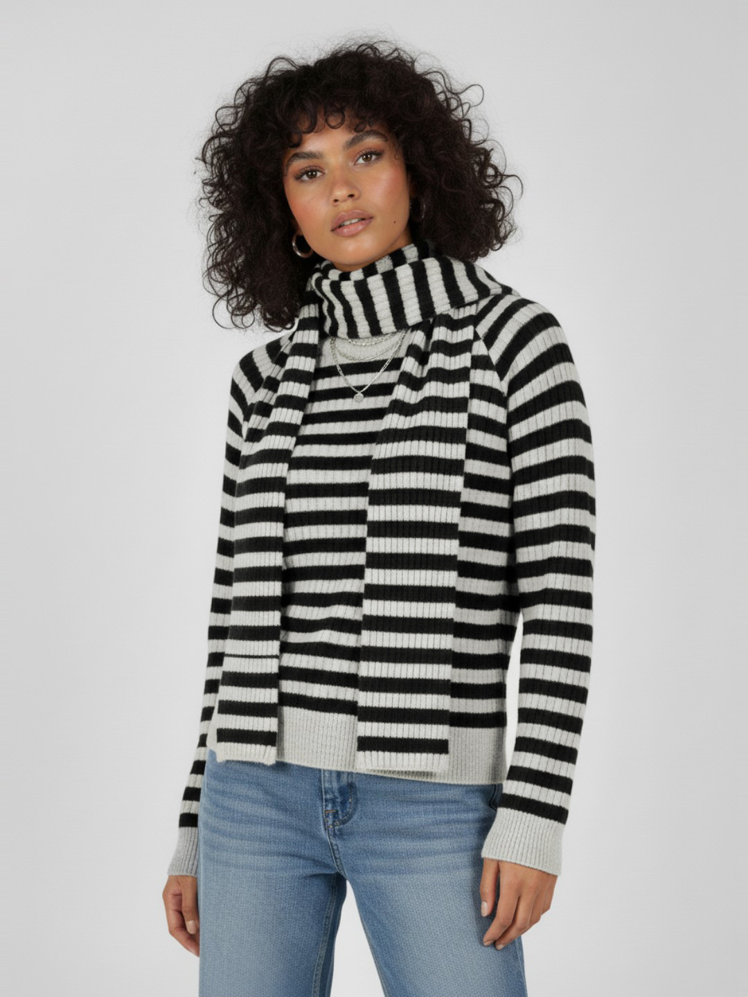 glitchez Striped Round Neck Oversized Pullover with Scarf