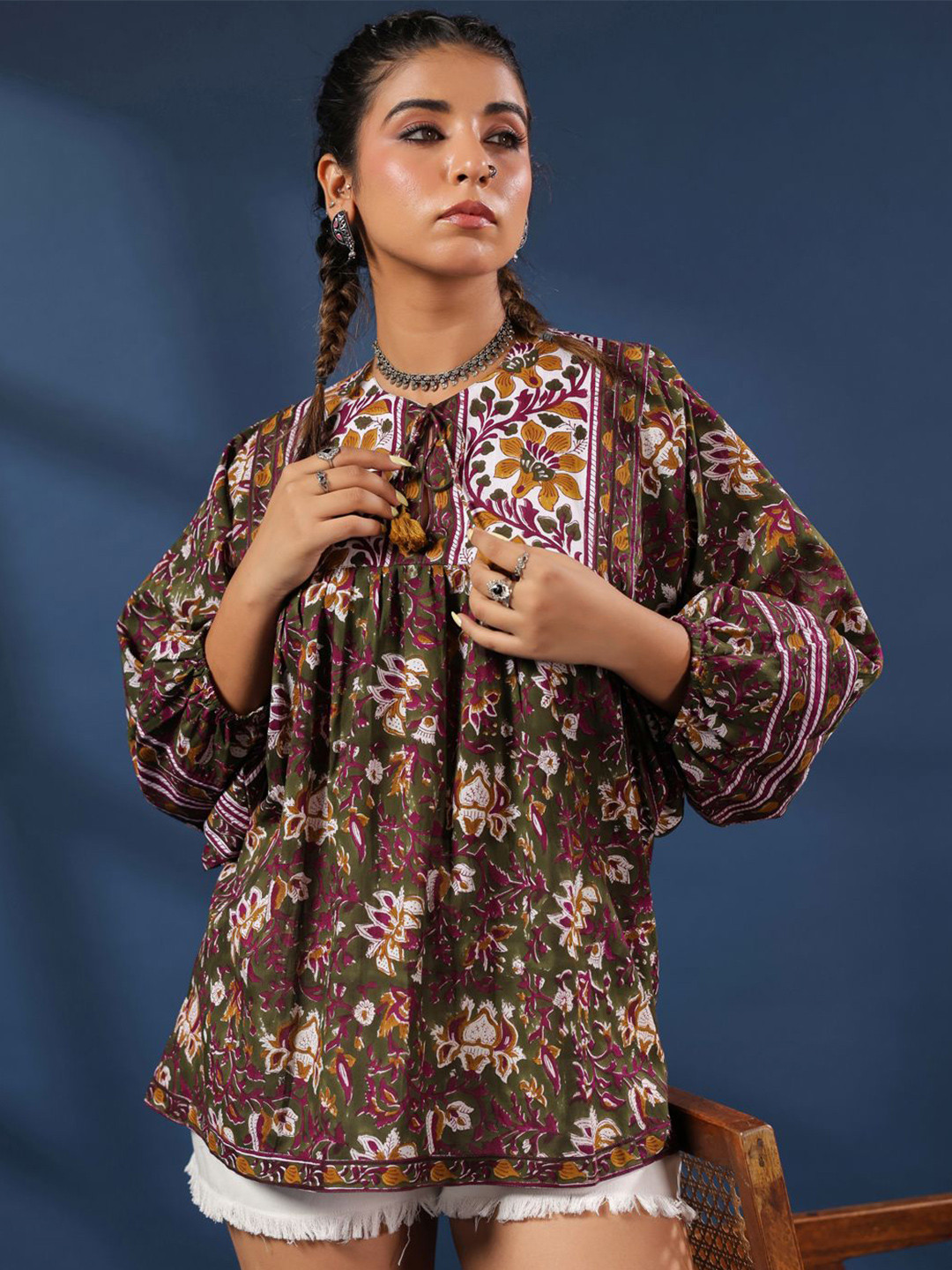 Taavi Women Ethnic Motifs Hand-Block PrintedPuff Sleeves Top