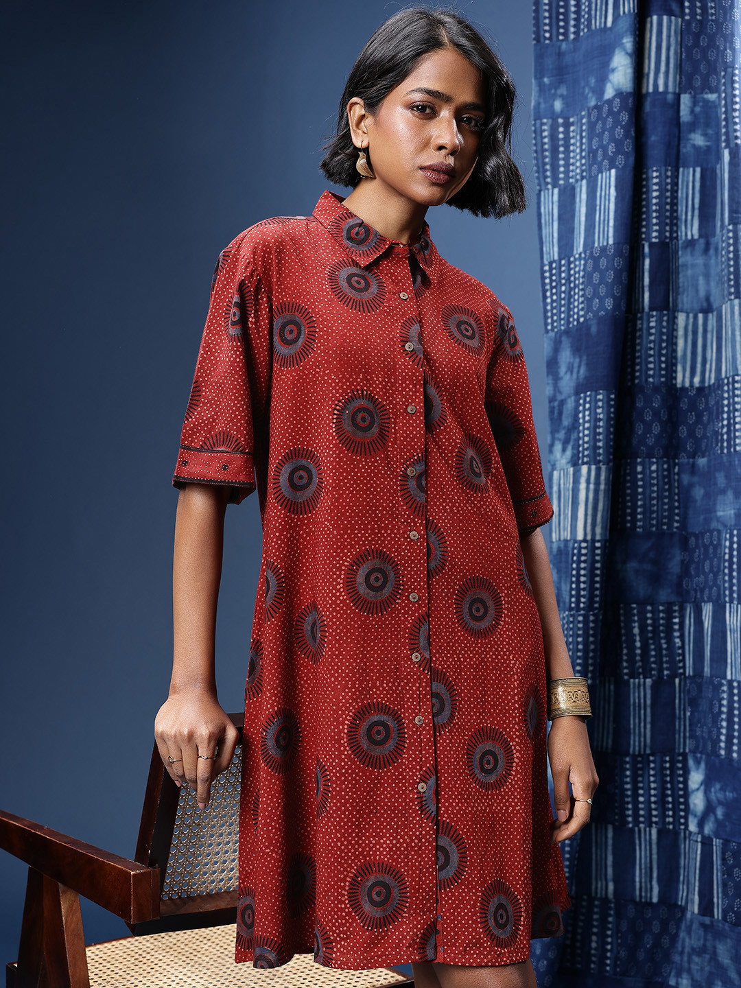 Taavi Geometric Printed A-Line Ajrakh Ethnic Dress