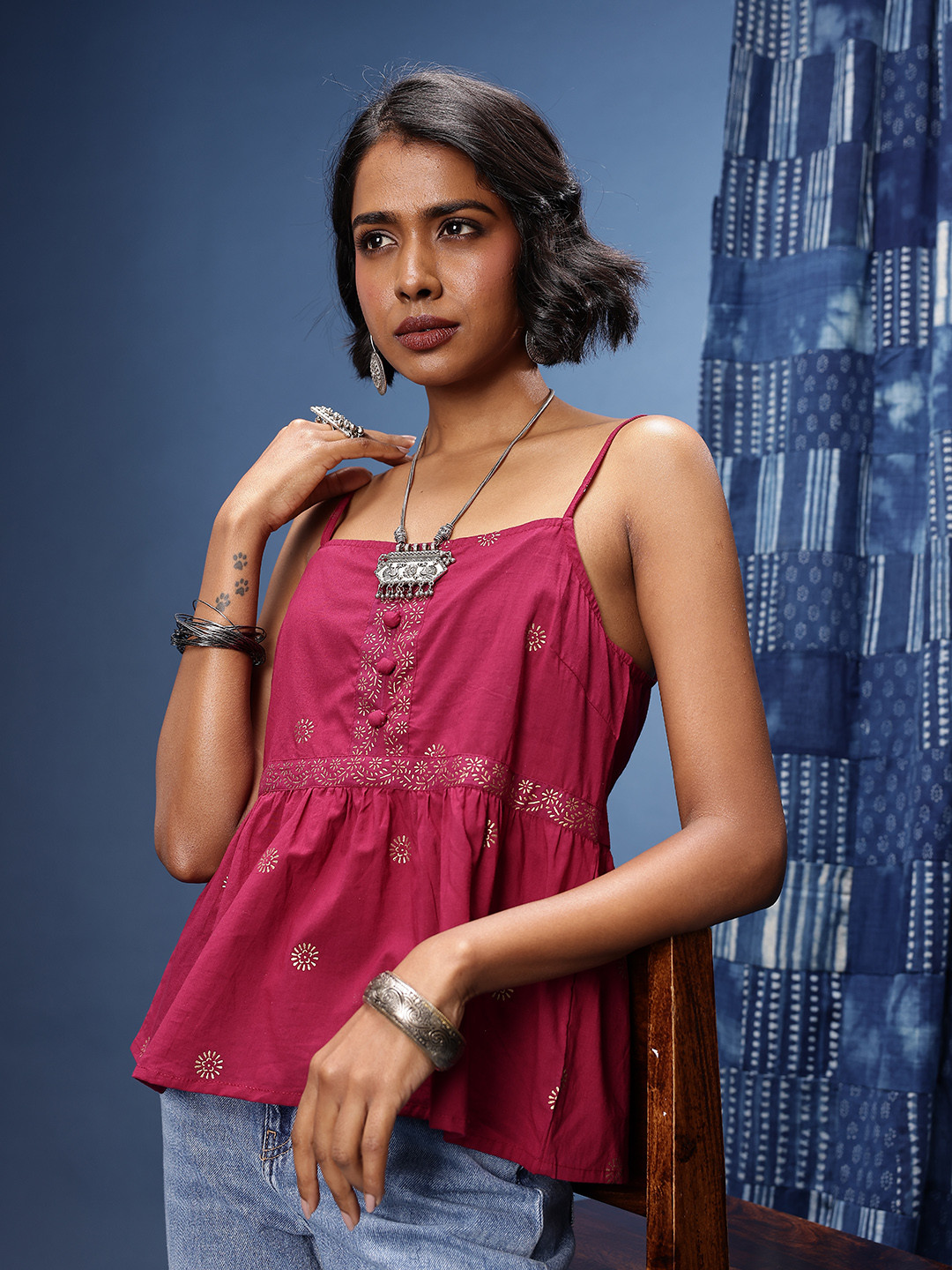 Taavi Rogan Ethnic Motif Printed Sleeveless Pure Cotton Top