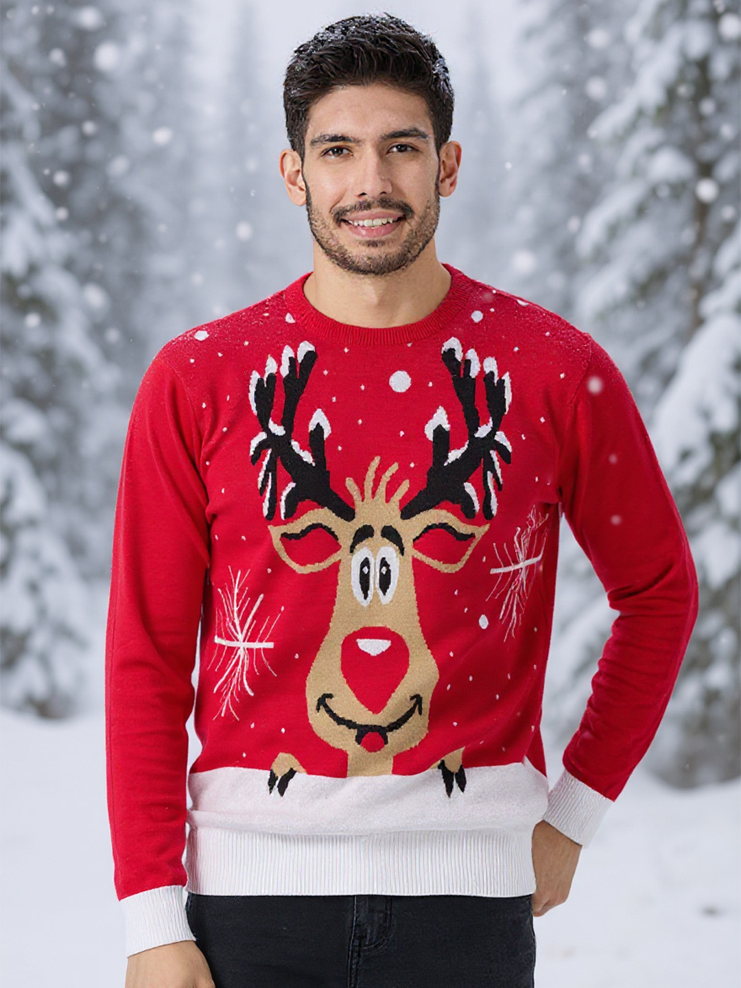 Style Quotient Men Red Self Design Round Neck Long Sleeves Ribbed Pullover Sweater