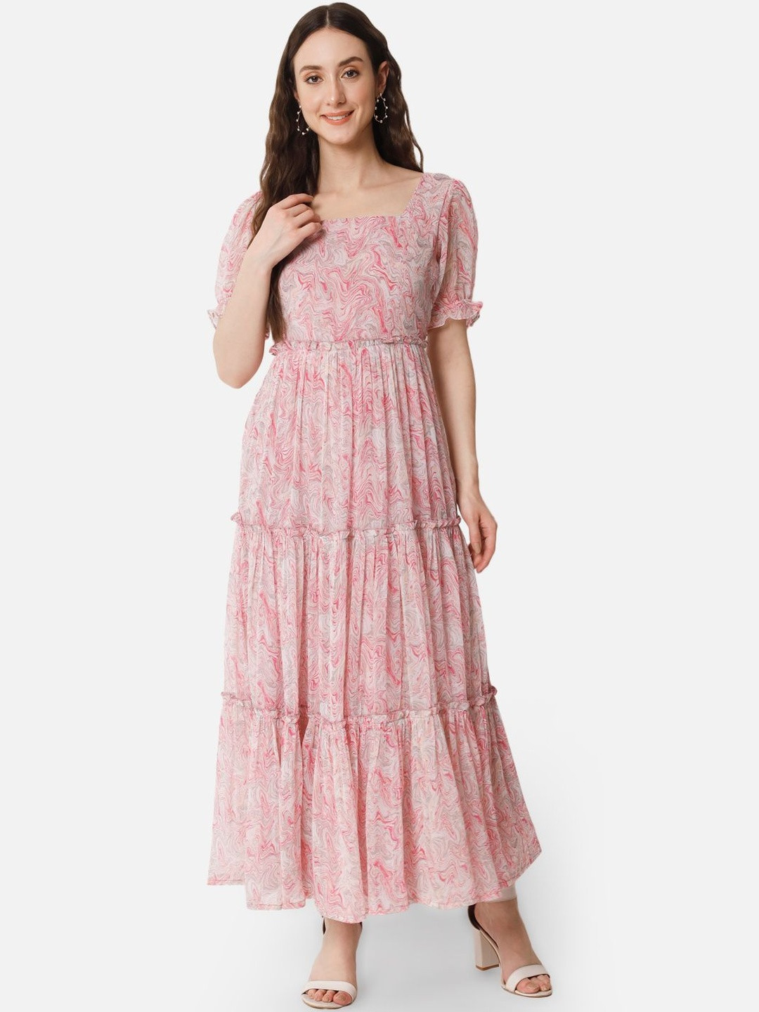 SZN Print Puff Sleeve Ruffled Georgette A-Line Maxi Dress