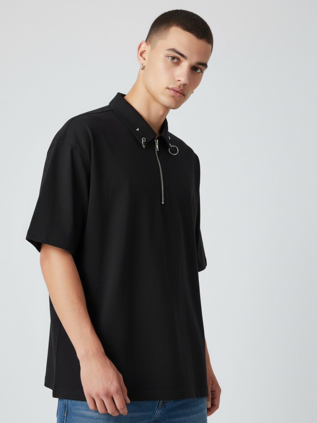 glitchez Drop-Shoulder Sleeves Oversized Polo Collar T-shirt