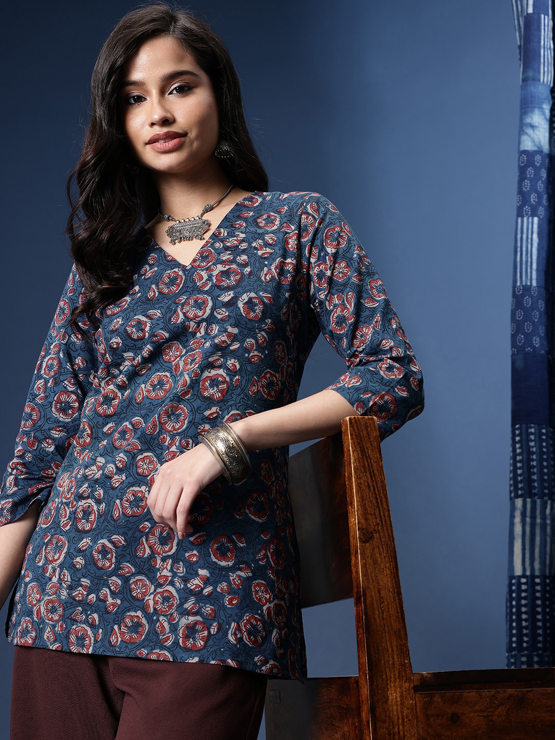 Taavi Floral Printed V-Neck Ajrakh Crafted Kurti