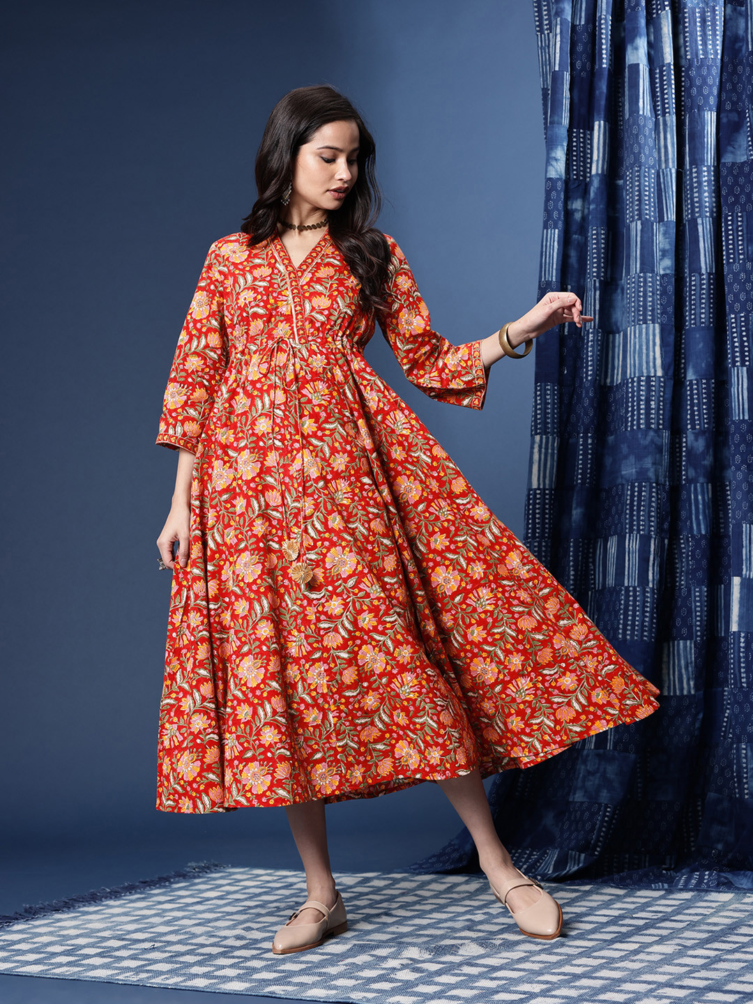 Taavi Pure Cotton Floral Printed V-Neck Tie-Ups Mirror Work A-Line Sanganeri Ethnic Dress
